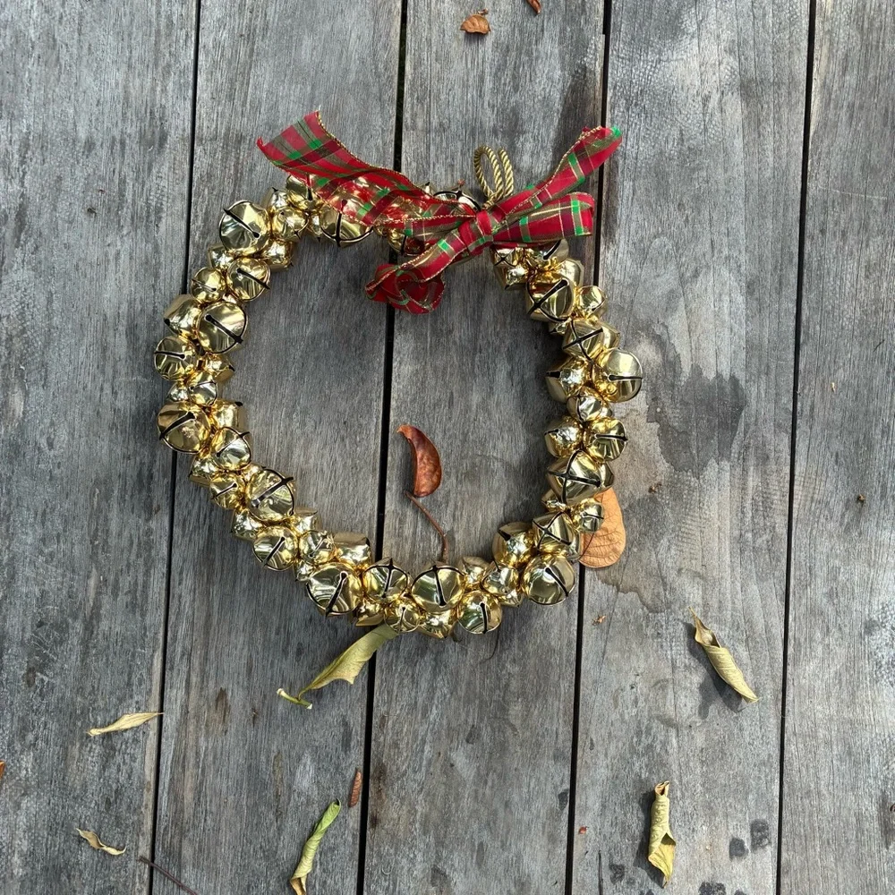 Festive Gold Bell Wreath with Red Plaid Ribbon